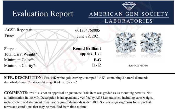 AGS Certified 14K White Gold 1.0 cttw 4-Prong Set Brilliant Round-Cut Solitaire Diamond Push Back Stud Earrings (F-G Color, I1-I2 Clarity) Otarealm