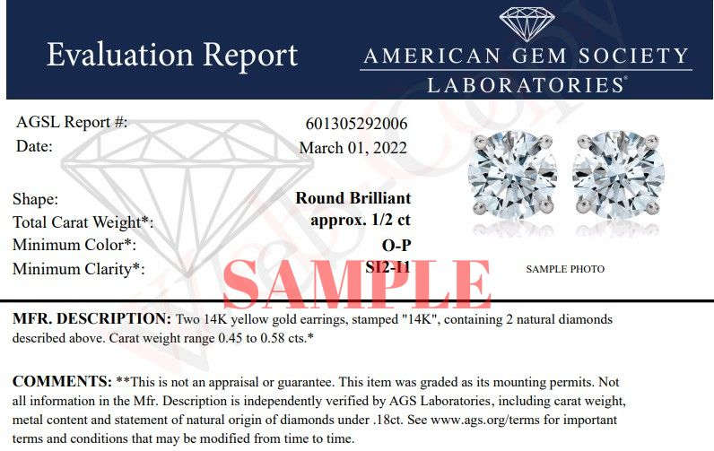 AGS Certified 14K Yellow Gold 1/2 Cttw 4 Prong Set Brilliant Round-Cut Solitaire Diamond Push Back Stud Earrings (O-P, Color, SI2-I1 Clarity) Otarealm