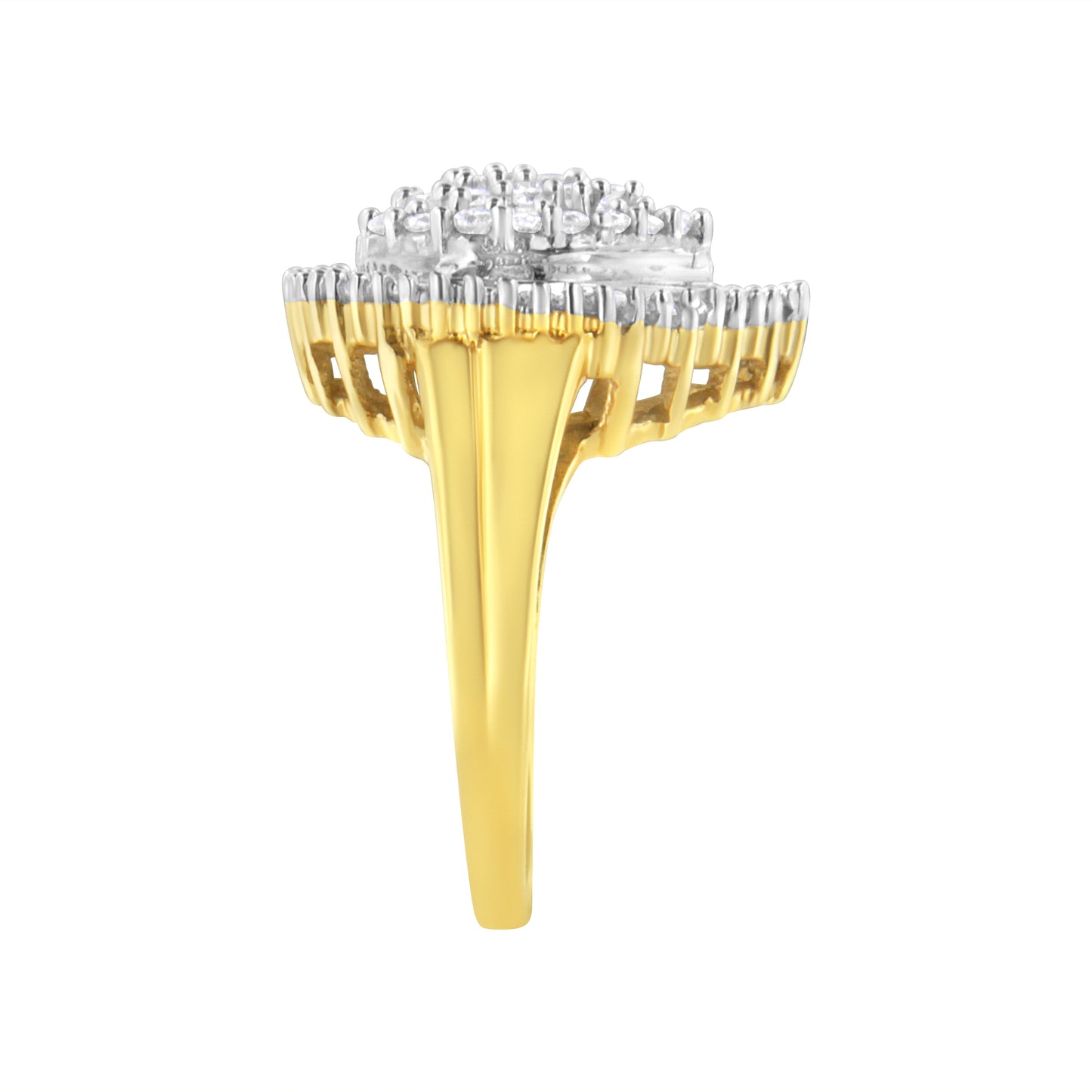 10K Yellow Gold 1.0 Cttw Round and Baguette Cut Diamond Oval Shaped Cluster Ring (I-J Color, I1-I2 Clarity) - Size 7 Otarealm