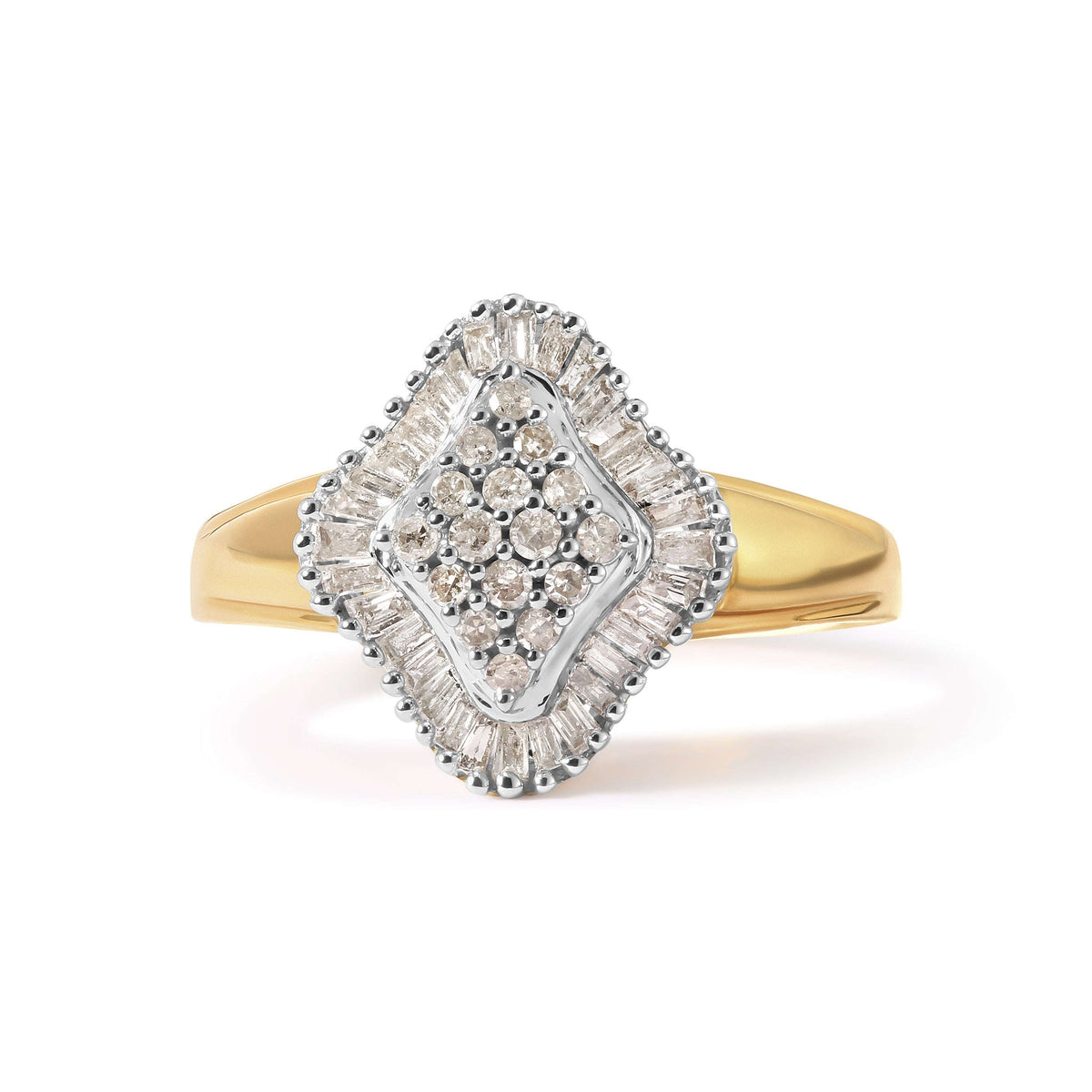 10K Yellow Gold 1/2 Cttw Round And Baguette-cut Diamond Rhombus Head and Halo Ring (I-J Color, I1-I2 Clarity) - Ring Size 7 Otarealm