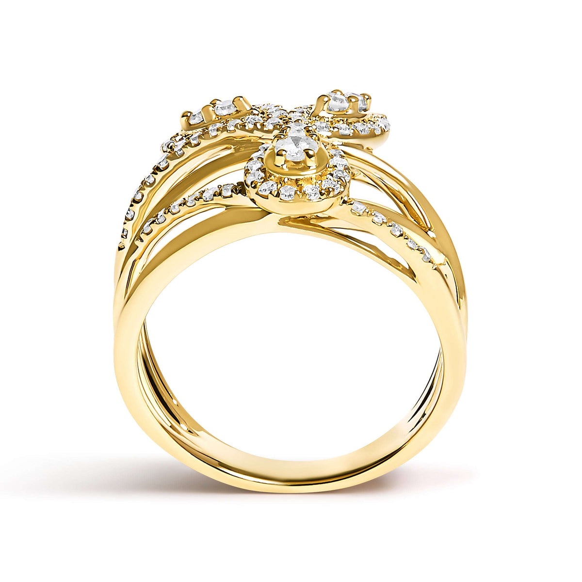 10K Yellow Gold 1/2 Cttw Diamond Crossover 3 Leaf Floral Cocktail Ring Band (H-I Color, SI1-SI2 Clarity) - Size 7 Otarealm