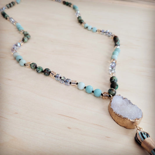 **Long Amazonite Necklace with Genuine White Druzy Pendant 262j