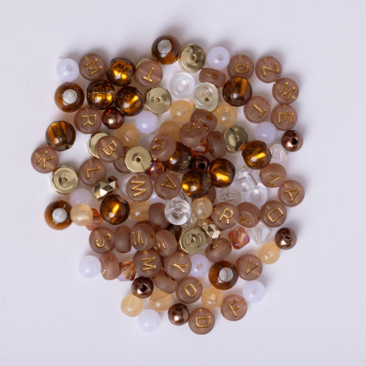 Lore Neutrals Browns and Coppers Alphabet Bead Jar with Gold Fawn Charm