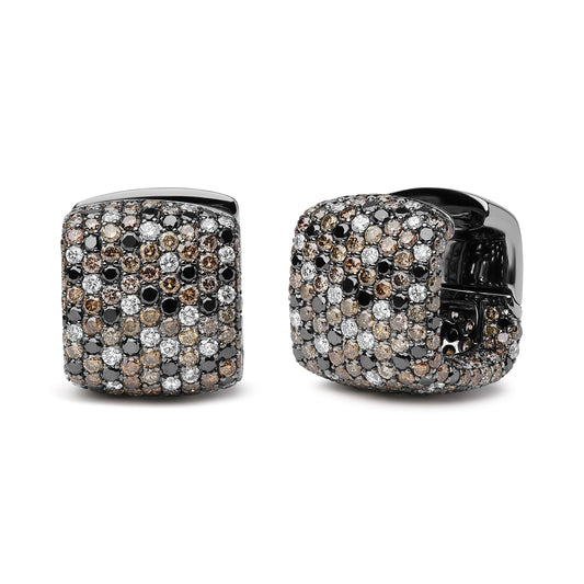 Black Rhodium Plated 18K White Gold 12 5/8 Cttw Multi Color Diamond Square Domed Huggie Hoop Earrings (Brown, Black, G-H Color, SI1-SI2 Clarity)