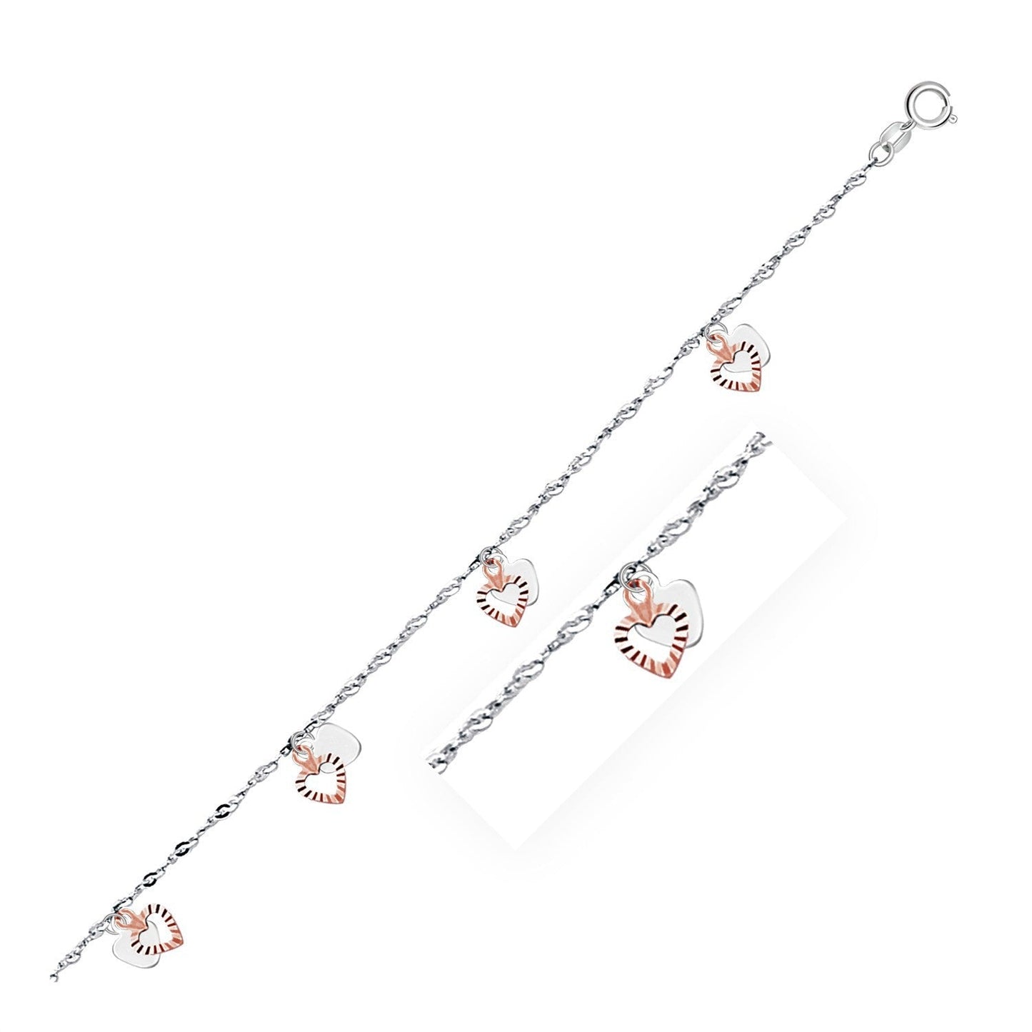 14k White and Rose Gold Anklet with Dual Heart Charms Otarealm