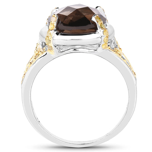 3.28 Carat Genuine Smoky Quartz and Yellow Diamond .925 Sterling Silver Ring