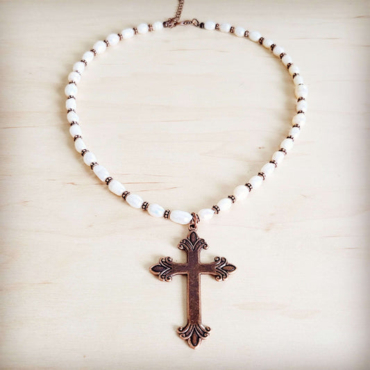 **Genuine Freshwater Pearl Collar Boho Necklace w/ Cross 263s Otarealm