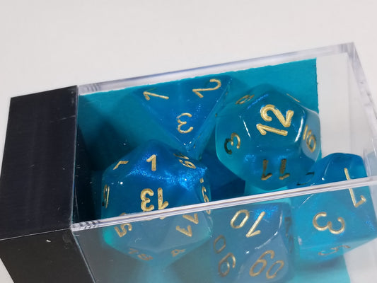 Polyhedral 7-Die Borealis Teal w/ Gold Numbers Chessex | OOP New Glitter