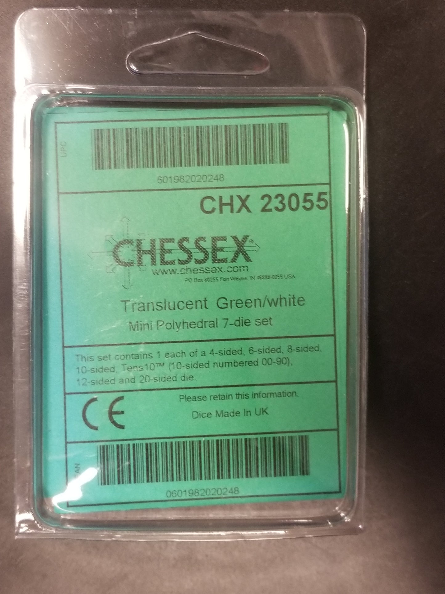 Chessex Translucent Green w/ White Mini Polyhedral 7-die Set CHX 23055 OOP