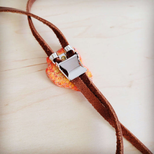 Leather Lariat Boho Necklace w/ Orange Regalite Slab Accent 264g Otarealm