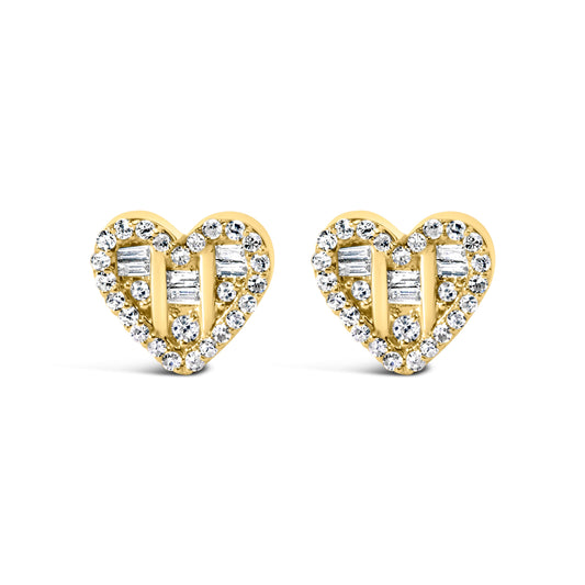 14K Yellow Gold Plated .925 Sterling Silver 1/2 Cttw Round and Baguette Diamond Composite Heart Shaped Stud Earring (I-J Color, SI2-I1 Clarity)
