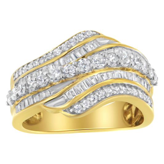 10K Yellow Gold 1.0 Cttw Baguette and Round Diamond Multi-Row Wave Bypass Ring (I-J Color, I1-I2 Clarity) - Ring Size 7 Otarealm
