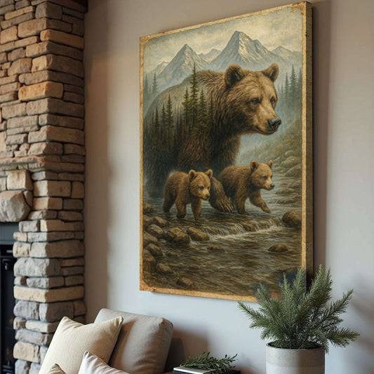Mother Bear and Cubs Crossing Double Exposure Wall Art Otarealm