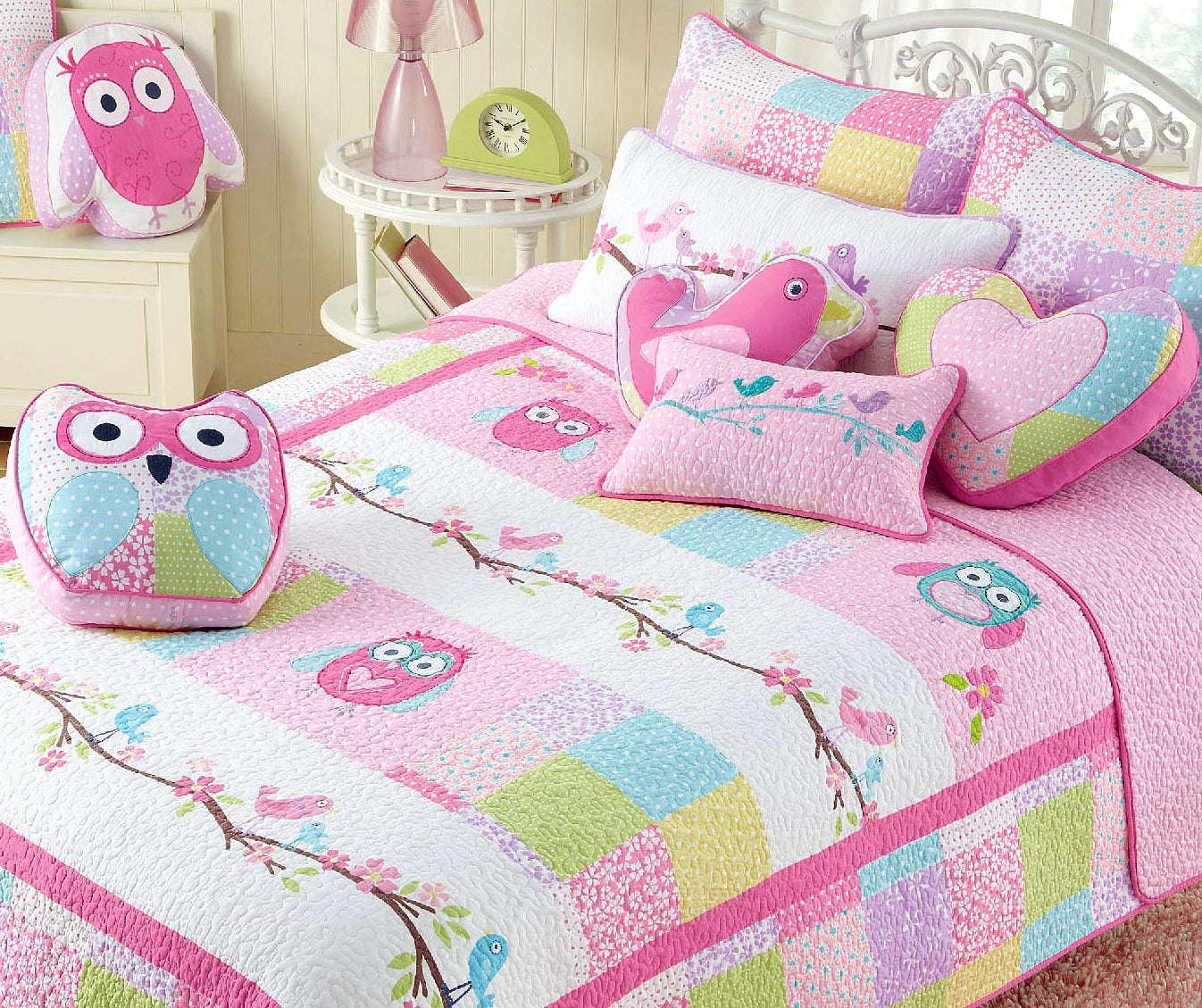 Pink Owl Patchwork Embroidered Heart Novelty Decor Throw Pillow Otarealm