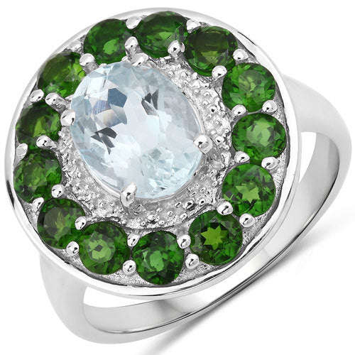 2.96 Carat Genuine Aquamarine and Chrome Diopside .925 Sterling Silver Ring Otarealm