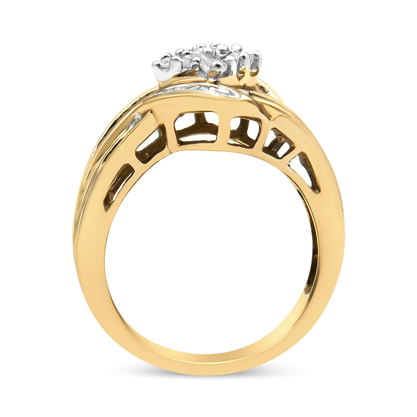 10K Yellow and White Gold 3/4 Cttw Diamond Cluster and Swirl Ring (H-I Color, I1-I2 Clarity) Otarealm