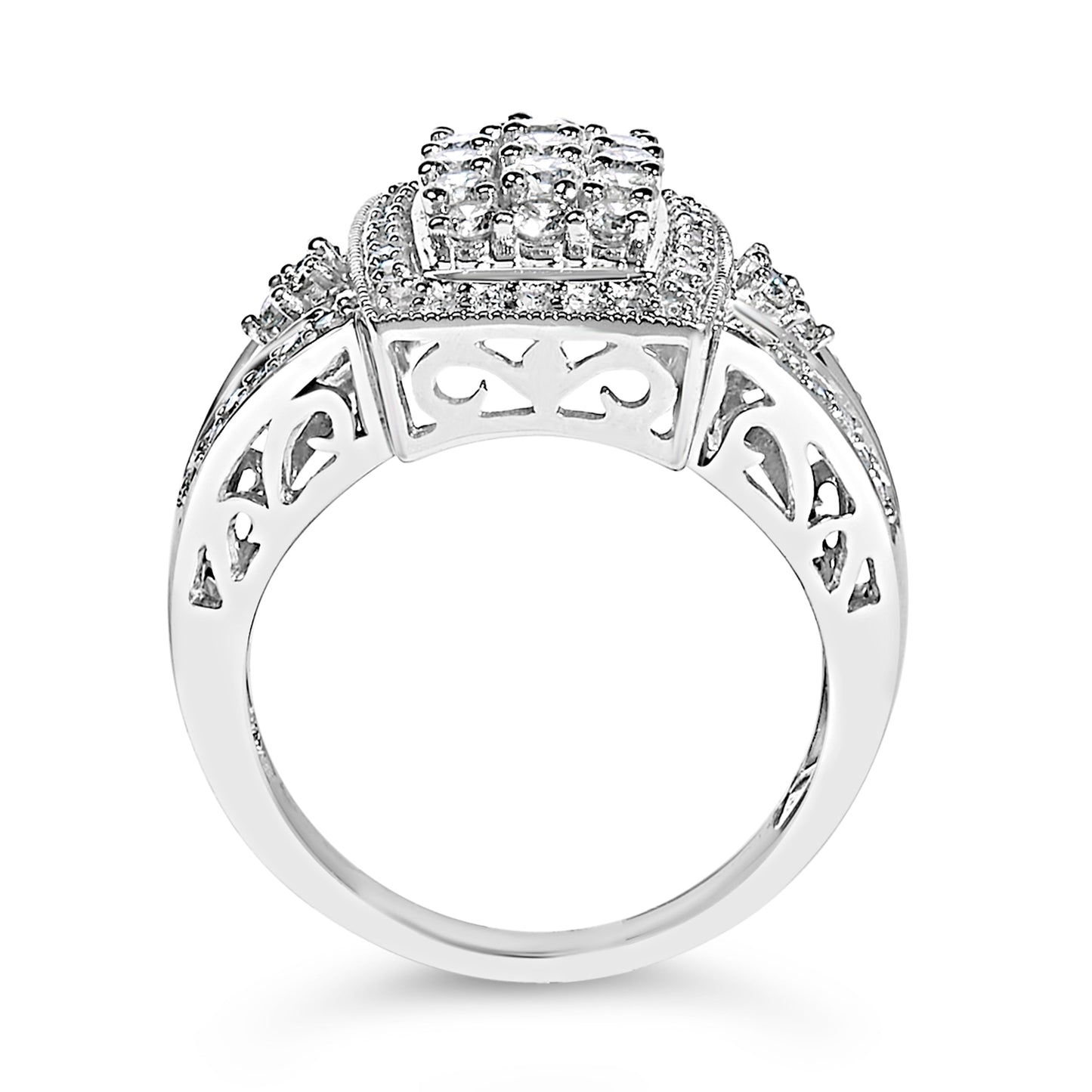 10K White Gold 1.0 Cttw Diamond Rectangular Cushion Shaped Cluster Halo Flared Band Cocktail Fashion Ring (H-I Color, SI2-I1 Clarity) - Size 7 Otarealm