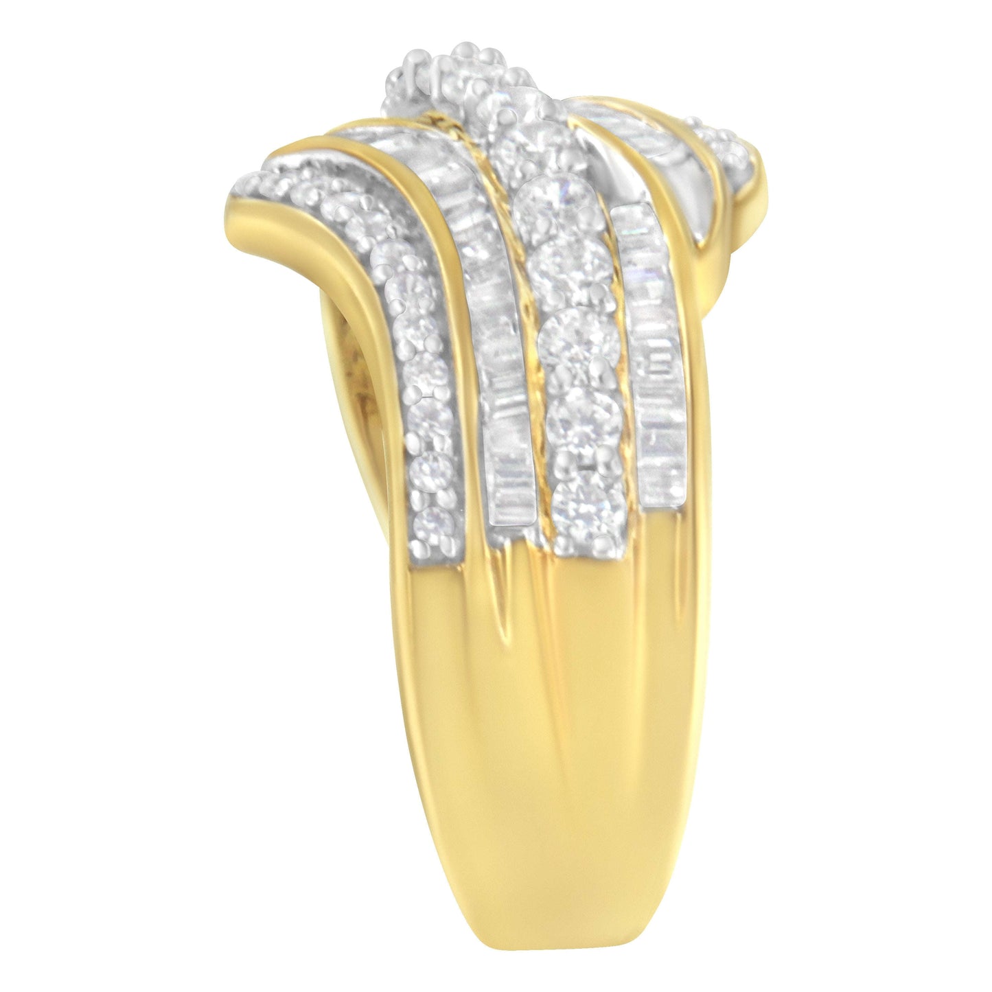 10K Yellow Gold 1.0 Cttw Baguette and Round Diamond Multi-Row Wave Bypass Ring (I-J Color, I1-I2 Clarity) - Ring Size 7 Otarealm