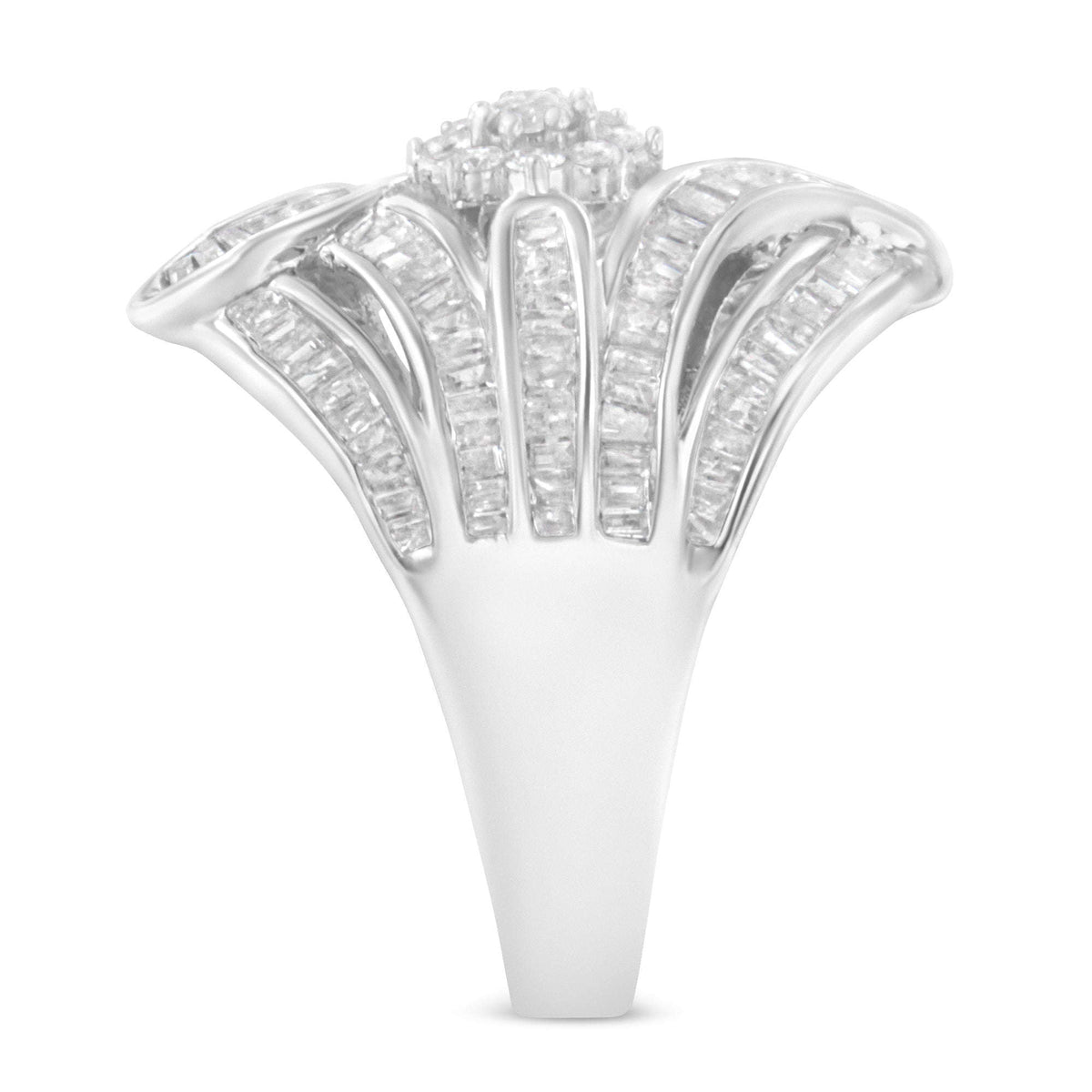 .925 Sterling Silver 1-1/8 Cttw Round & Baguette Diamond 'Flower & Fern' Cluster Cocktail Fashion Ring (I-J Color, I2-I3 Clarity) - Size 6 Otarealm