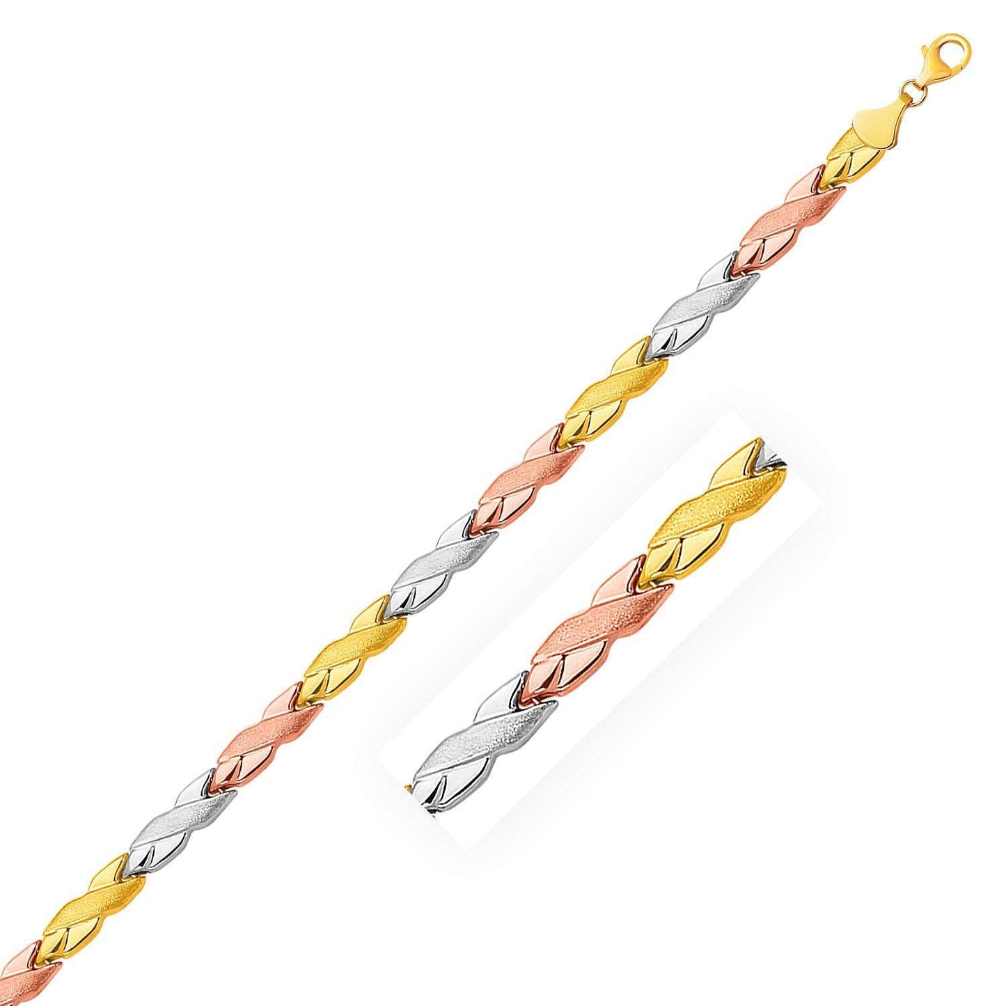 14k Tri-Color Gold Shiny and Textured X Link Bracelet Otarealm