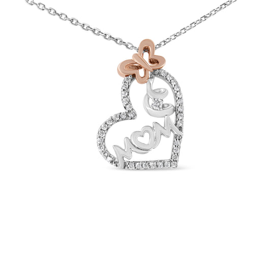 Two Tone .925 Sterling Silver 1/5 cttw Diamond "Mom" and Heart Pendant Necklace (H-I, I1-I2) Otarealm