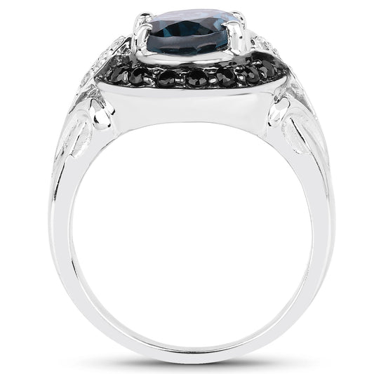4.27 Carat Genuine London Blue Topaz, Black Spinel & White Topaz .925 Sterling Silver Ring