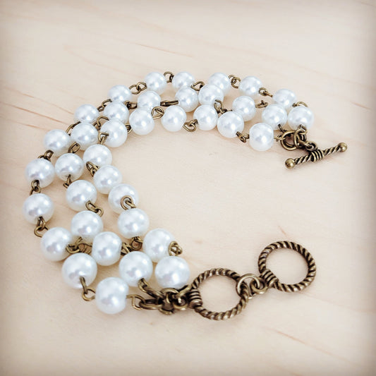 Pearl & Copper Triple Strand Bracelet 804a