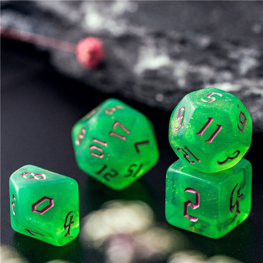 Green Glitter Party Glitter Dice (Pink font) 7-Dice Set RPG DND