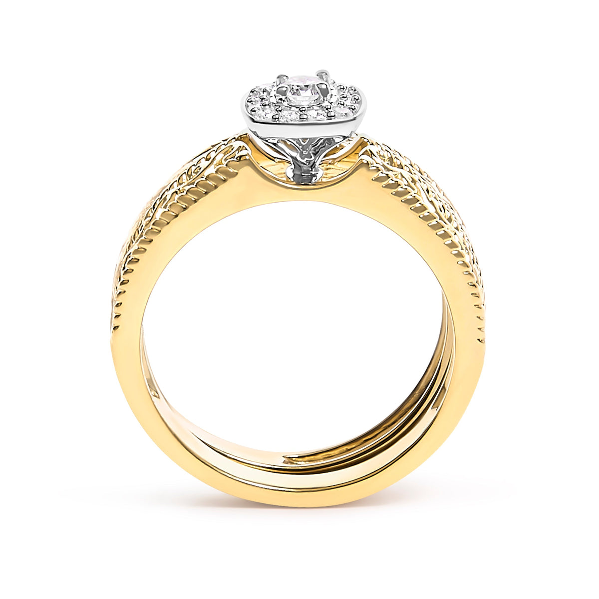 14K Yellow Gold Plated .925 Sterling Silver 1/5 Cttw Diamond Halo and Milgrain Finish Engagement Ring Bridal Set (I-J Color I3 Clarity) - Size 7 Otarealm