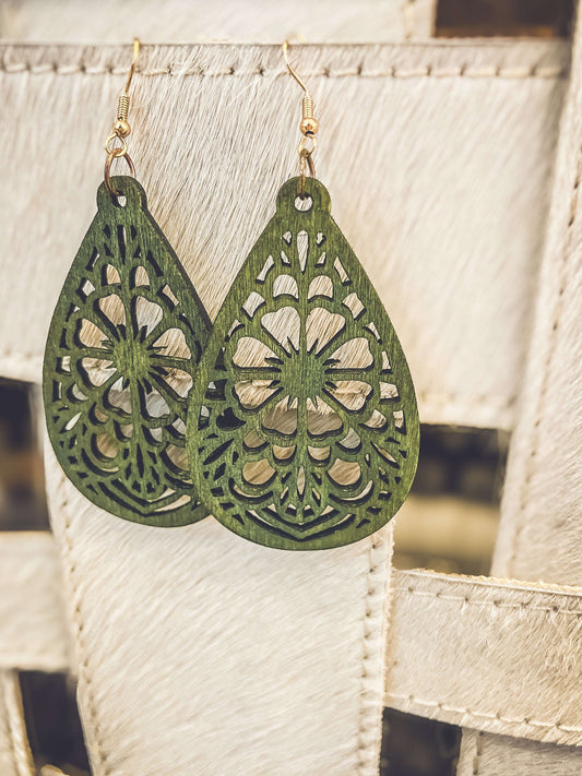 Beautiful Green Laser Cut Wood Floral Earrings Otarealm