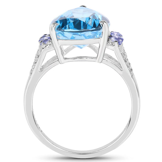 6.86 Carat Genuine Swiss Blue Topaz, Tanzanite & White Topaz .925 Sterling Silver Ring