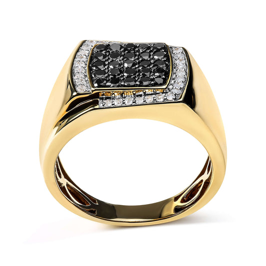 Men's 10K Yellow Gold 1.00 Cttw Cushion Cluster Black and White Diamond Statement Ring (I-J Color, I2-I3 Clarity) - Ring Size 10.5 Otarealm