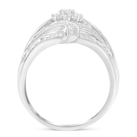 .925 Sterling Silver 1-1/8 Cttw Round & Baguette Diamond 'Flower & Fern' Cluster Cocktail Fashion Ring (I-J Color, I2-I3 Clarity) - Size 6 Otarealm