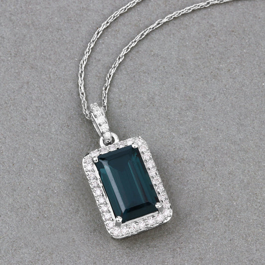 3.55 Carat Genuine Green Tourmaline and White Diamond 14K White Gold Pendant