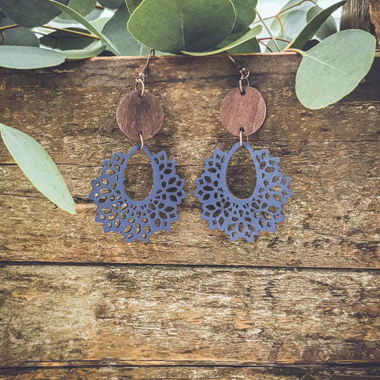 Beautiful Blue Wood and Leather Earrings