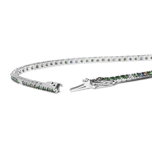 18K White Gold 3/8 Cttw Diamond with Blue Sapphire and Green Tsavorite Gemstone Multi-Colored Tennis Bracelet (Brown and G-H Color, SI1-SI2 Clarity) - Size 7"
