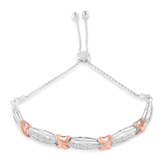 .925 Sterling Silver 1/4 Cttw Round-Cut Diamond X & Tapered Bar Miracle-Set Bolo Bracelet (I-J Color, I3 Clarity) - Two Tone Rose Gold & Silver Otarealm