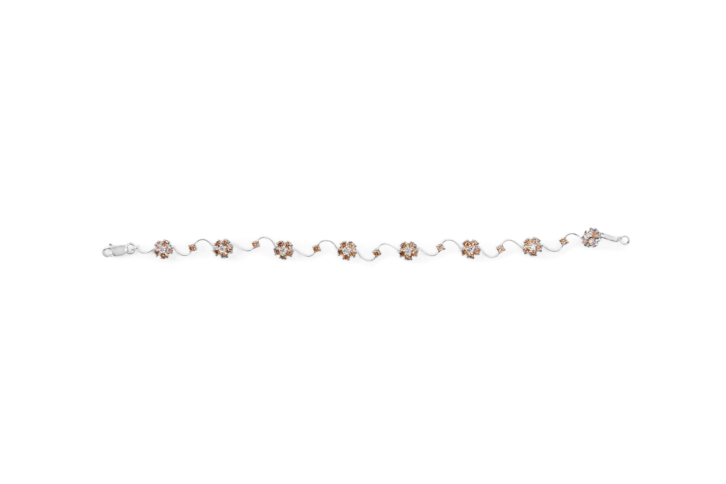 10K White Gold 4.0 Cttw Champagne and White Diamond Floral Cluster and Station Link Bracelet (H-I Color, SI2-I1 Clarity) - 7" Inches Otarealm