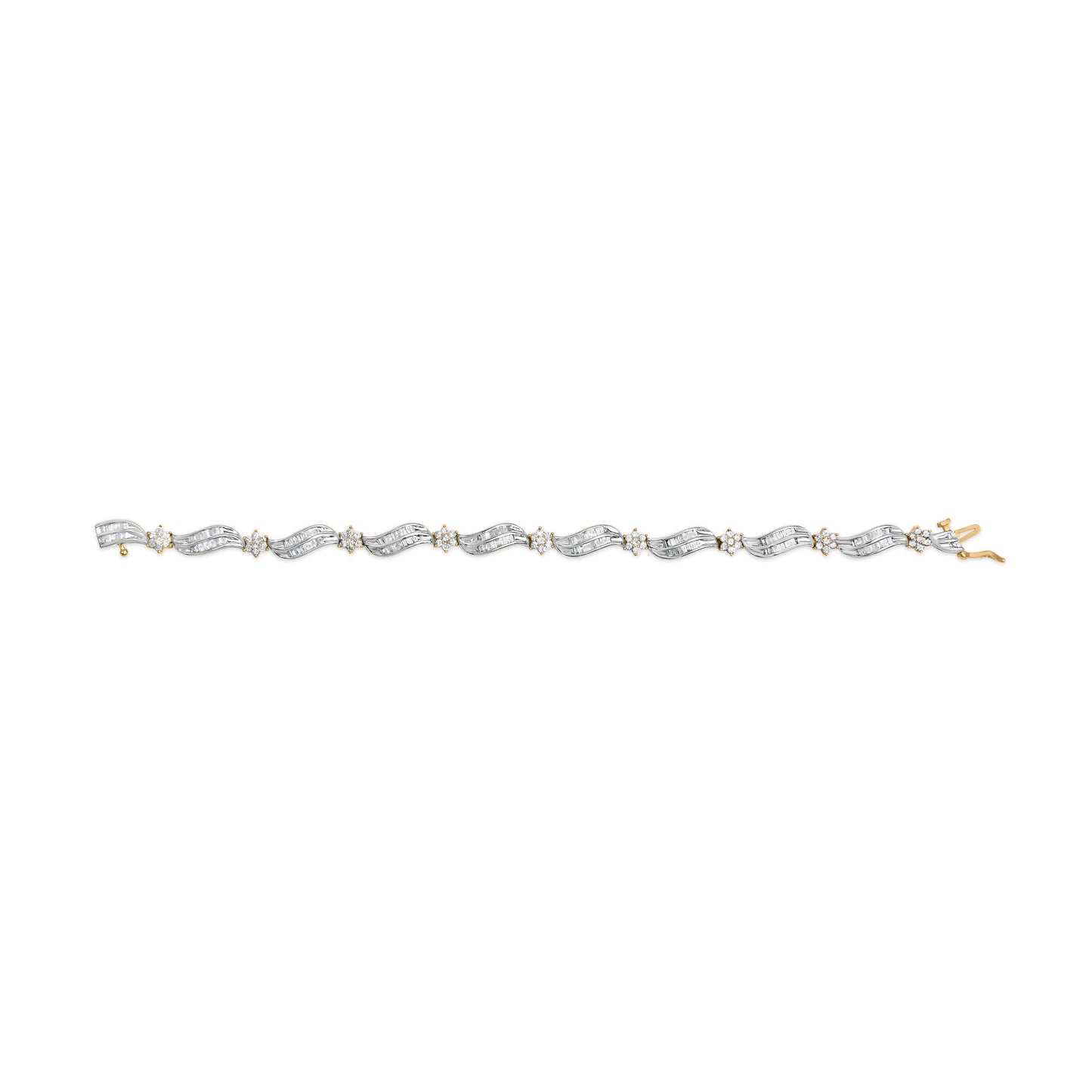 10K Yellow and White Gold 3.00 Cttw Diamond Cluster and Wave Link Bracelet (I-J Color, I1-I2 Clarity) - 7.25" Otarealm