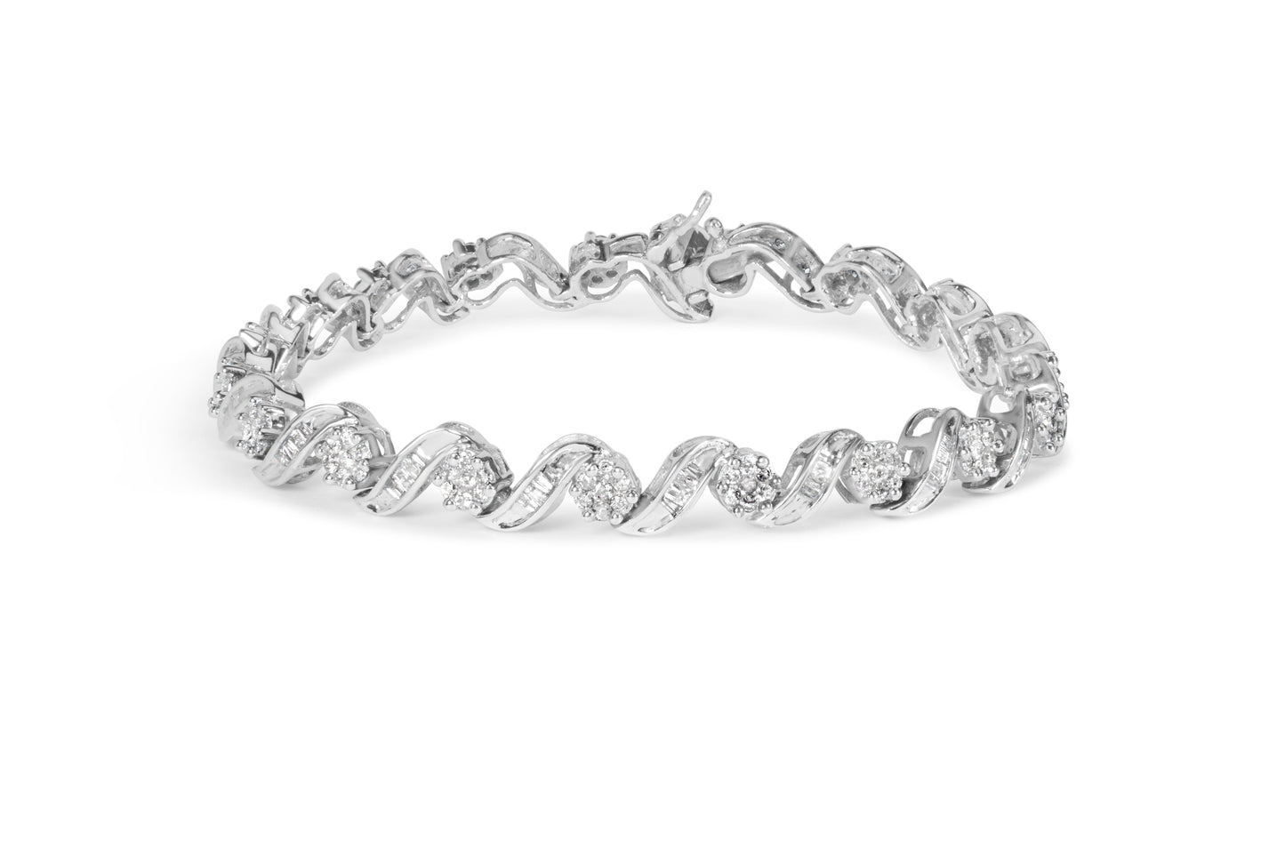 14K White Gold 2.00 Cttw Diamond Cluster and Spiral Link Bracelet (I-J Color, I1-I2 Clarity) - 7" Otarealm
