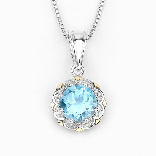 2.32 Carat Genuine Swiss Blue Topaz and White Diamond 14K Yellow Gold with .925 Sterling Silver Pendant