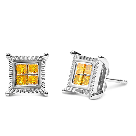 .925 Sterling Silver 1/2 Cttw Yellow Princess Diamond Quad Stud Earring Otarealm