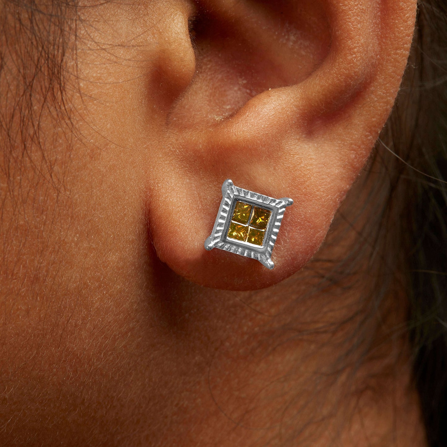 .925 Sterling Silver 1/2 Cttw Yellow Princess Diamond Quad Stud Earring Otarealm