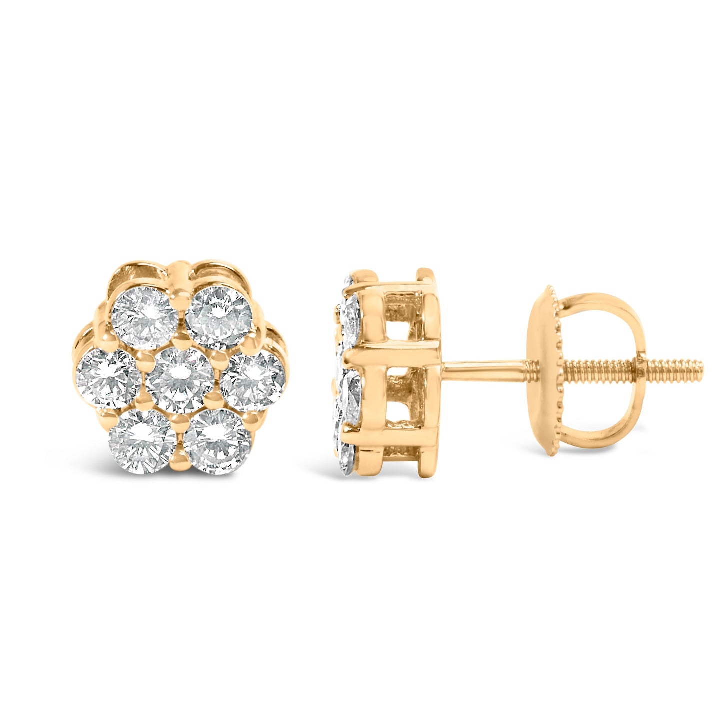 14K Yellow Gold 3/4 Cttw 7 Stone Floral Cluster Round Brilliant Cut Diamond Stud Earrings with Screw Backs (I-J Color, SI2-I1 Clarity) Otarealm