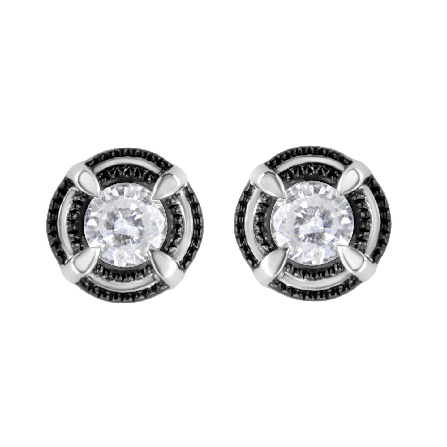 Black Rhodium Plated .925 Sterling Silver Round 1-1/2 cttw Diamond Double Halo 4-Prong Solitaire Milgrain Stud Earrings (H-I Color, I2-I3 Clarity) Otarealm