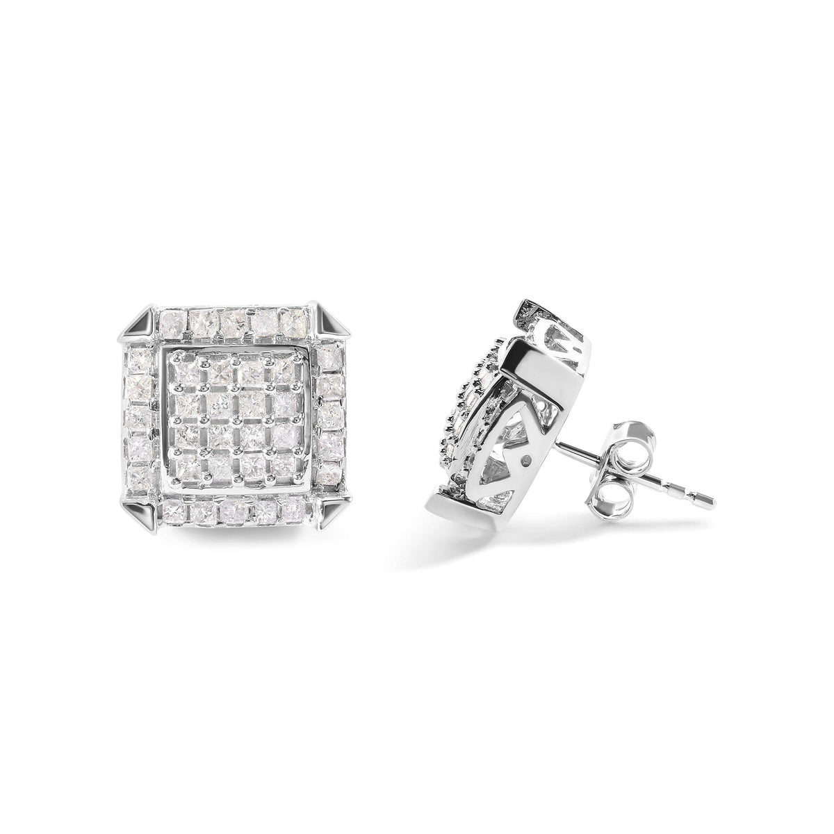 10K White Gold 1 1/10 Cttw Princess Diamond Composite and Halo Stud Earrings (I-J Color, I1-I2 Clarity) Otarealm