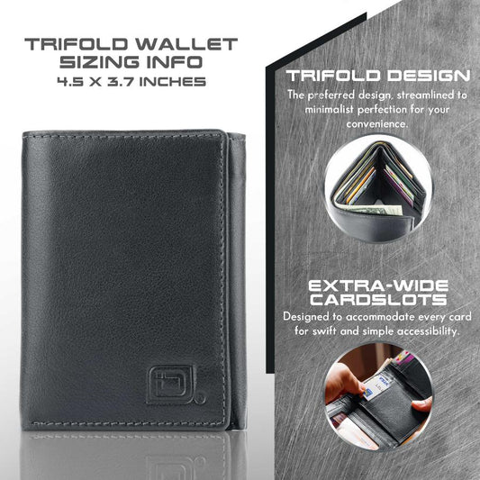 Mens RFID Wallet - Extra Capacity Leather Trifold 7 slot with ID Window