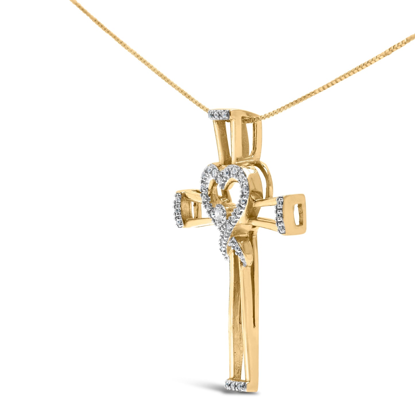 14K Yellow Gold Plated .925 Sterling Silver 1/6 Cttw Diamond Interlocking Heart and Ribbon Cross Pendant Necklace (H-I Color, I2-I3 Clarity) - 18" Inches Otarealm