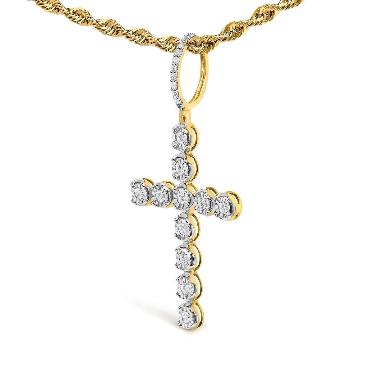 10K Yellow Gold 5/8 Cttw Miracle Set Round Diamond Circle Link Cross Men's Pendant Necklace Otarealm