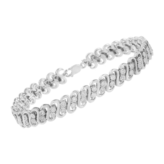 .925 Sterling Silver 1/4 cttw Round-Cut Diamond Double Row Wrapped S-Link Bracelet (I-J Color, I2-I3 Clarity) - Size 7.25" Otarealm